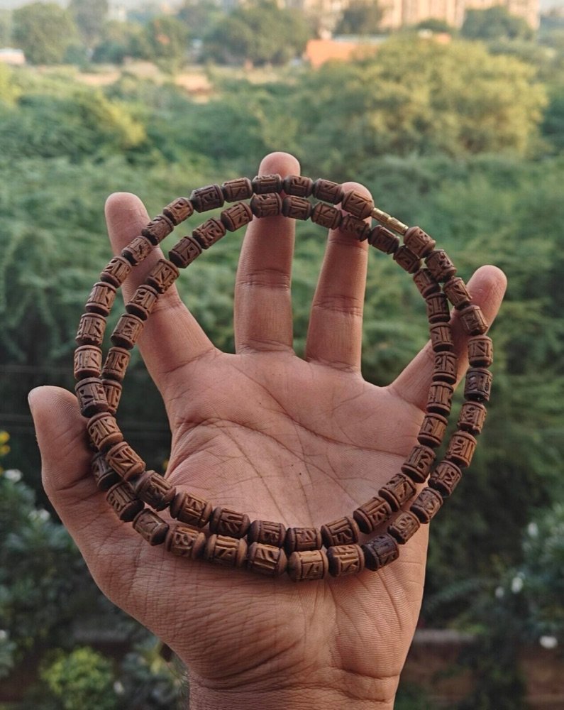 Light brown handcrafted radha name tulsi kanthi mala 2 round