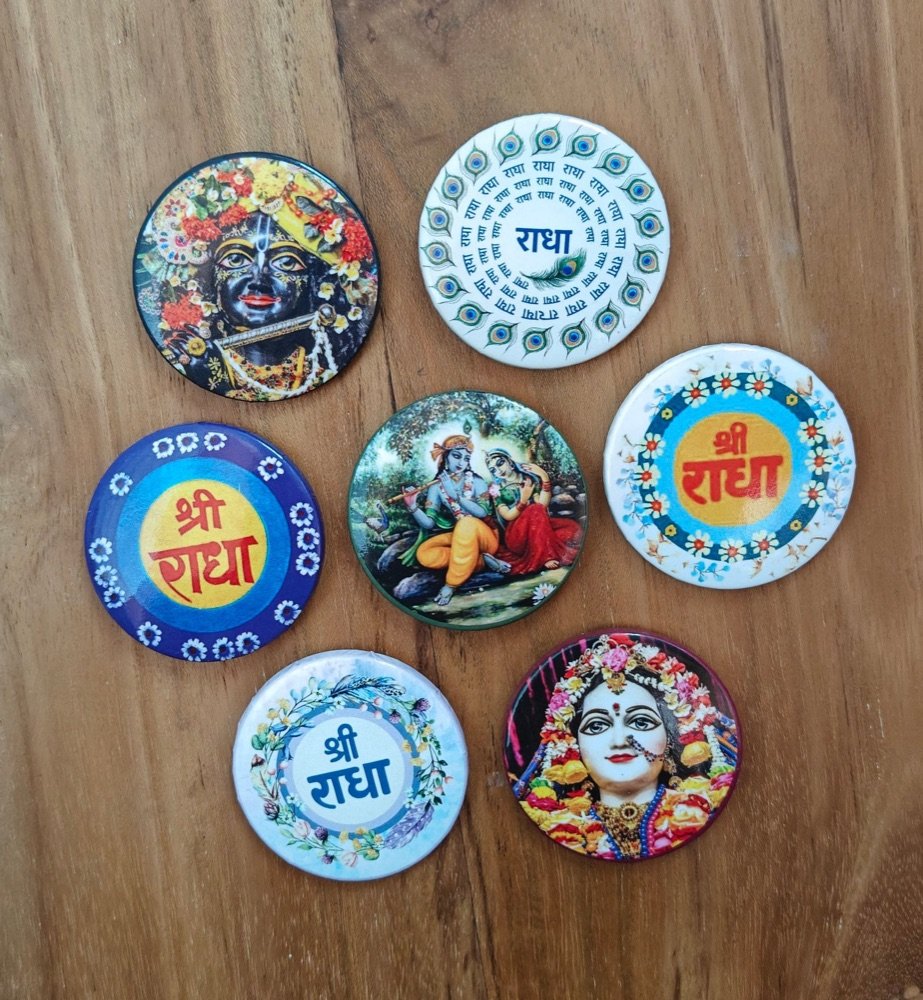 Shree Radha & Radha Krishna Pin Badge Brooch | Devotional Accessories | Vrindavan Emporium (Set of 7)